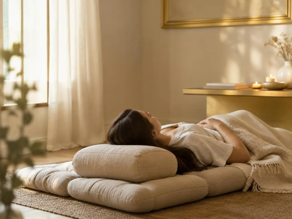 A woman resting on a cushioned mat in soft, warm light