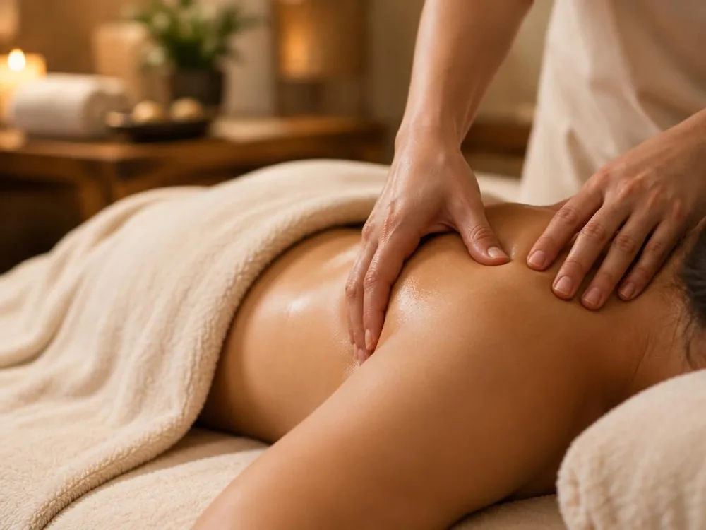 Hands giving a gentle shoulder massage on a softly lit massage table