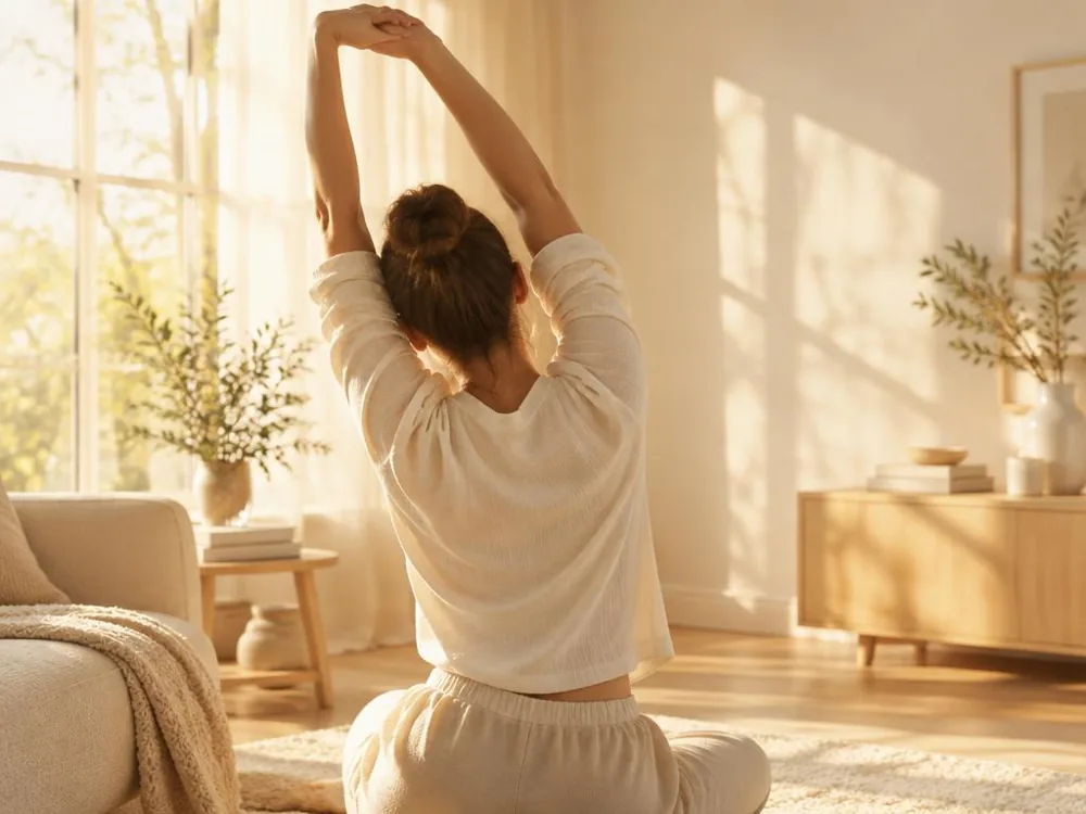 A woman stretching with her arms raised in a sunlit living room, seen from behind